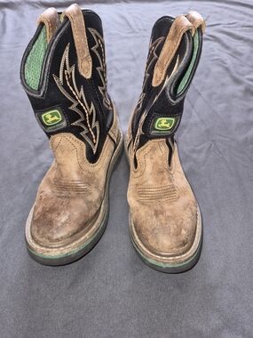 John Deere Brown and Black Kids Western Work Boots with Green Accents